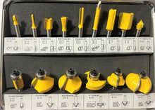 Load image into Gallery viewer, 15 Piece EDM ROUTER BIT SET - 1/4" Shank Tungsten Carbide Edges in Aluminum Case