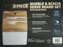 Load image into Gallery viewer, Core Kitchen Marble & Acacia Server Board Set with Cheese Knives, 3-piece Set