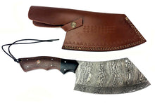 Load image into Gallery viewer, Damascus Steel Curved Back Cleaver Blade Handmade Leather Sheath Custom Handle