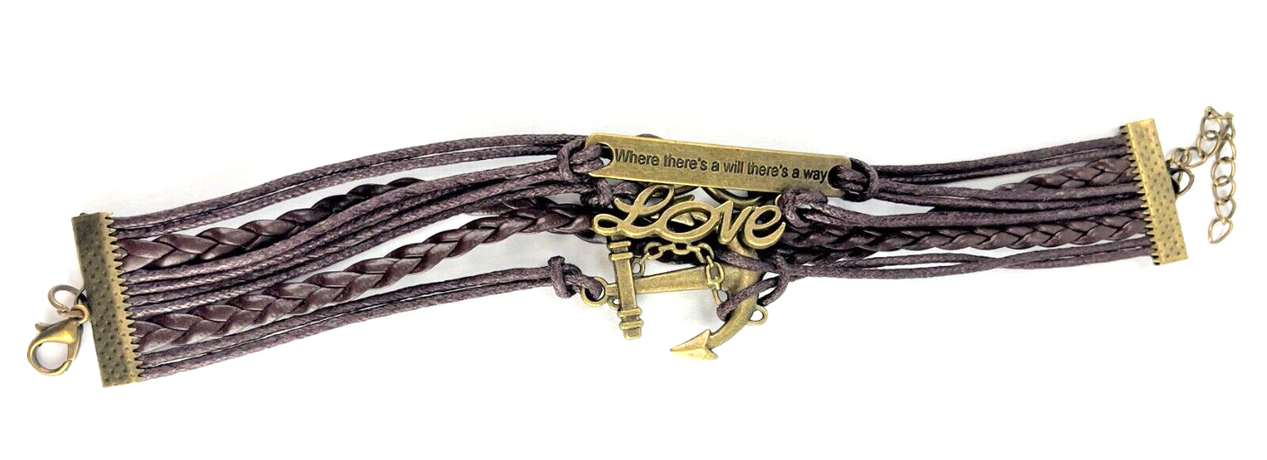 Leather Multi Charm Bracelet Infinity Symbol Anchor Love & Phrase Rustic Gold