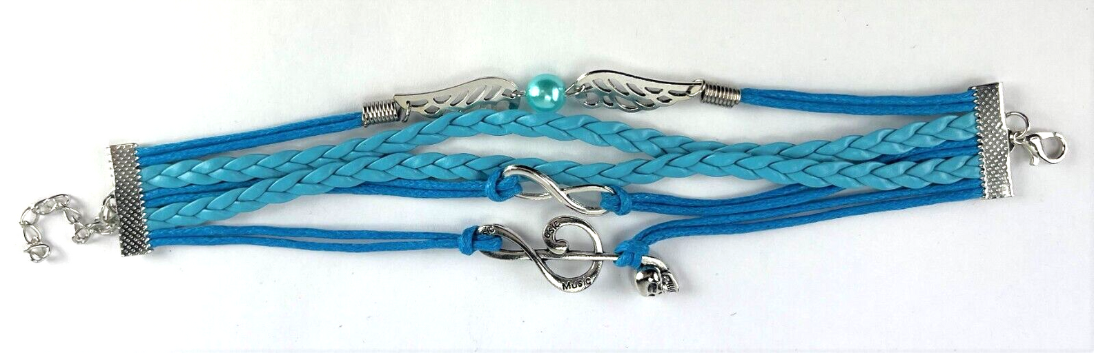 Leather Multi Charm Bracelet Music Note Angel Wings Infinity Symbol Blue Blend