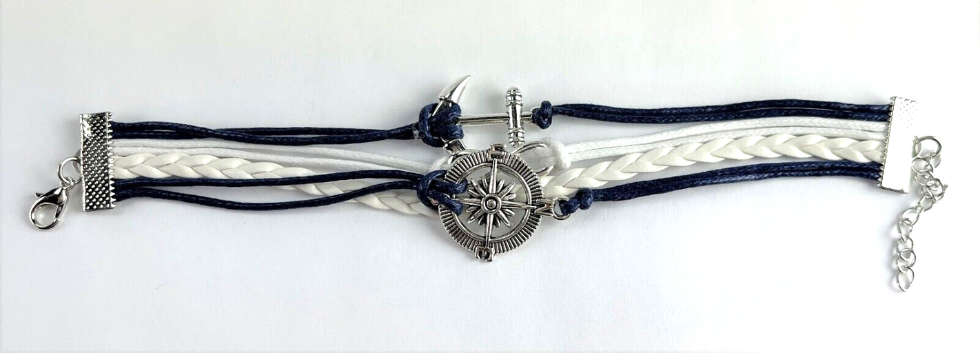 Leather Multi Charm Bracelet Infinity Symbol Anchor Compass Nautical Cuff Navy