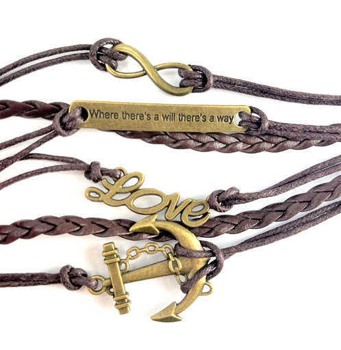 Leather Multi Charm Bracelet Infinity Symbol Anchor Love & Phrase Rustic Gold