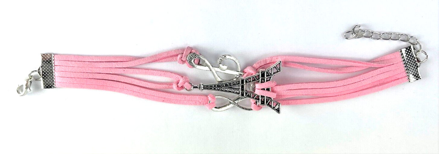 Leather Multi Charm Bracelet Paris Theme Music Note Infinity Symbol Eiffel Tower