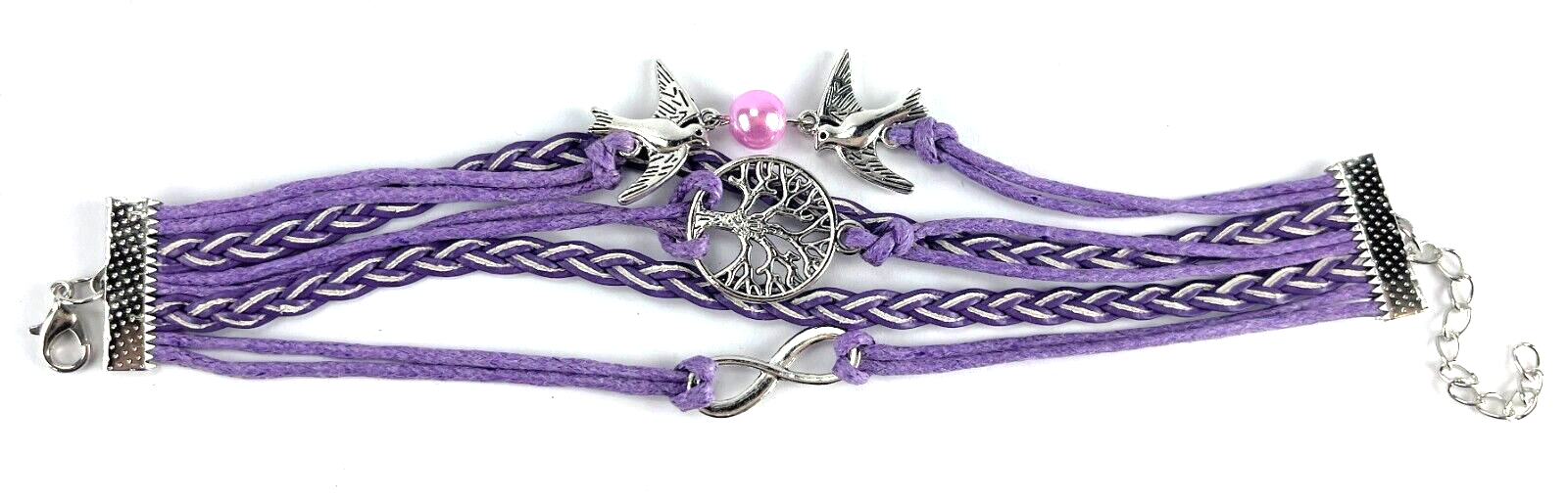 Leather Multi Charm Bracelet Infinity Symbol Birds & Pearl Tree of Life Purple