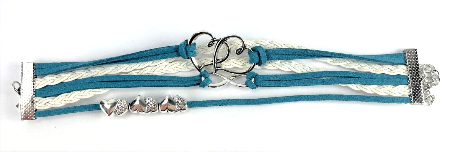 Leather Multi Charm Bracelet Love Hearts Infinity Symbol Teal & White Braids