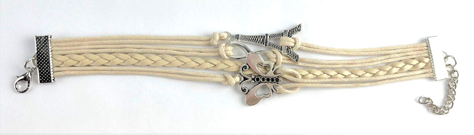 Leather Multi Charm Bracelet Infinity Symbol Eiffel Tower and Butterfly Cuff