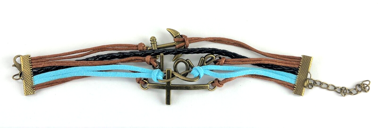Leather Multi Charm Bracelet Christian Love Infinity Symbol Anchor Cross, New
