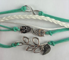 Load image into Gallery viewer, Leather Multi Charm Bracelet Infinity Symbol Owls &amp; Bird with Leaves, Mint Green
