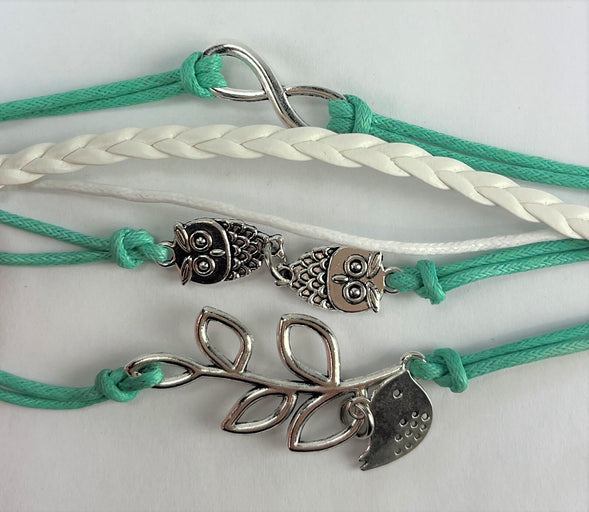 Leather Multi Charm Bracelet Infinity Symbol Owls & Bird with Leaves, Mint Green