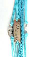 Load image into Gallery viewer, Leather Multi Charm Bracelet Infinity Symbol 5 Pointed Star &amp; Phrase Cuff Blue
