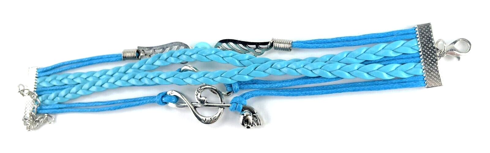 Leather Multi Charm Bracelet Music Note Angel Wings Infinity Symbol Blue Blend