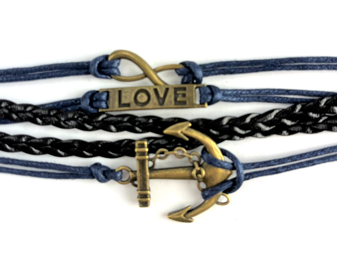 Leather Multi Charm Bracelet Infinity Symbol Nautical Love Anchor Navy Cuff