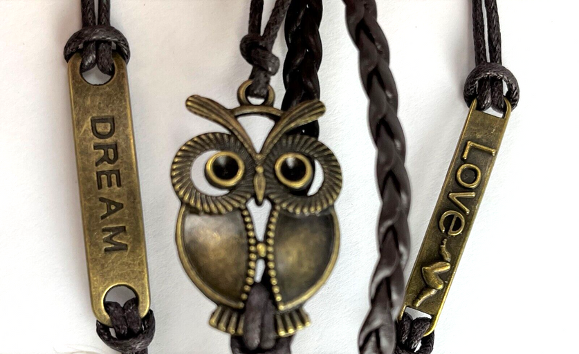 Leather Multi Charm Bracelet Dream Owl Love Cuff Style Bracelet Brown Leather