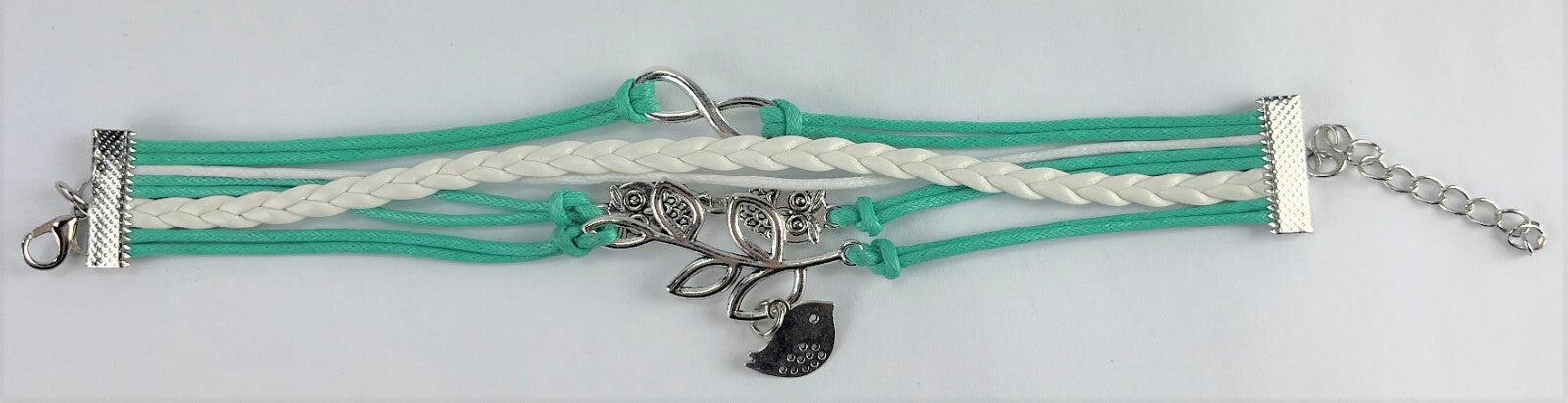 Leather Multi Charm Bracelet Infinity Symbol Owls & Bird with Leaves, Mint Green