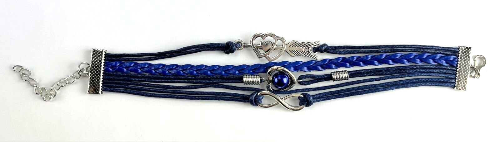 Leather Multi Charm Bracelet Infinity Symbol Hearts & Blue Pearl Braided Cuff