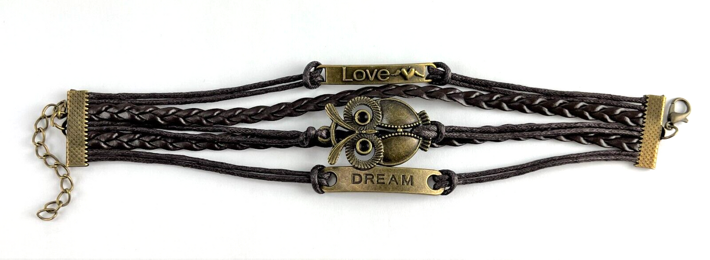 Leather Multi Charm Bracelet Dream Owl Love Cuff Style Bracelet Brown Leather
