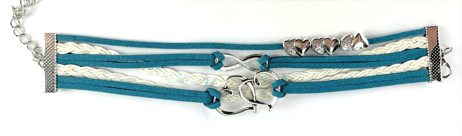 Leather Multi Charm Bracelet Love Hearts Infinity Symbol Teal & White Braids