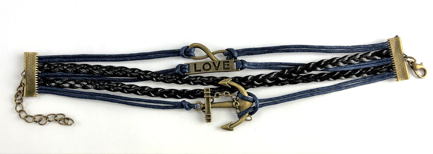 Leather Multi Charm Bracelet Infinity Symbol Nautical Love Anchor Navy Cuff