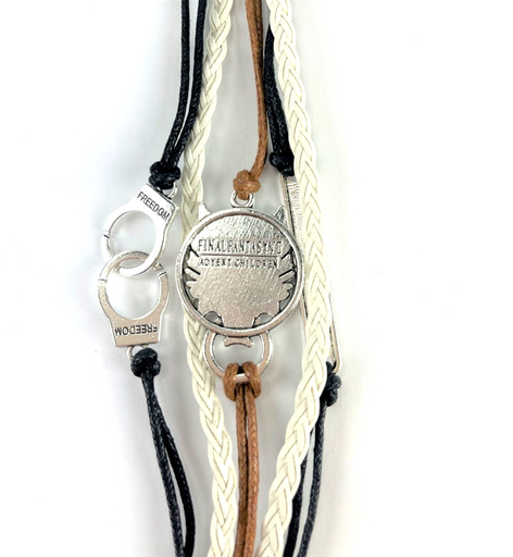 Leather Multi Charm Bracelet Freedom Handcuffs, Wolf Head Final Fantasy & Phrase