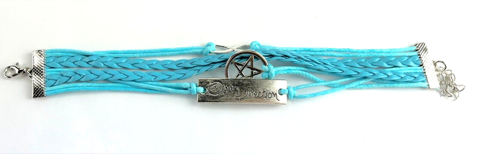 Leather Multi Charm Bracelet Infinity Symbol 5 Pointed Star & Phrase Cuff Blue