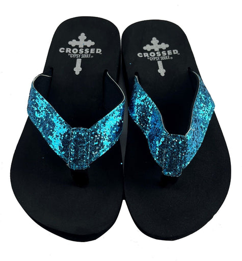 Gypsy Soule Crossed Girls Sandals, Glitter Flip-Flops, Thick Comfort Soles - New