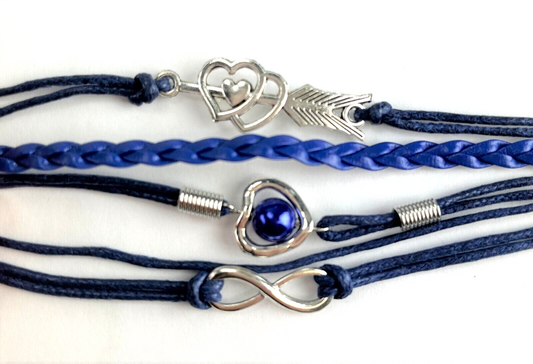 Leather Multi Charm Bracelet Infinity Symbol Hearts & Blue Pearl Braided Cuff