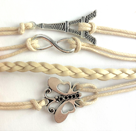 Leather Multi Charm Bracelet Infinity Symbol Eiffel Tower and Butterfly Cuff