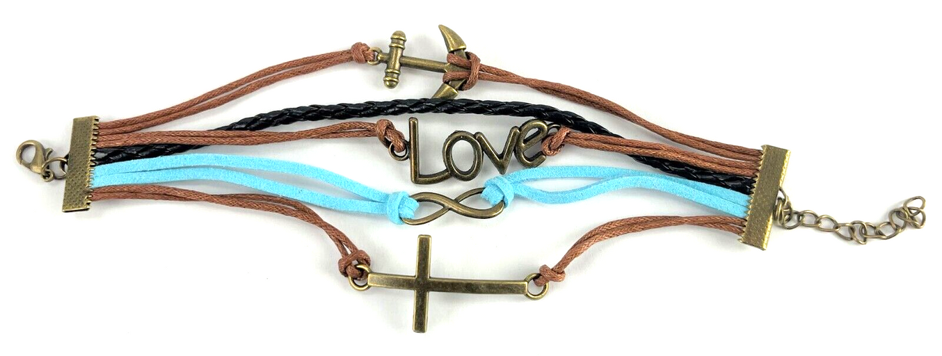 Leather Multi Charm Bracelet Christian Love Infinity Symbol Anchor Cross, New