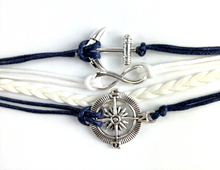 Load image into Gallery viewer, Leather Multi Charm Bracelet Infinity Symbol Anchor Compass Nautical Cuff Navy
