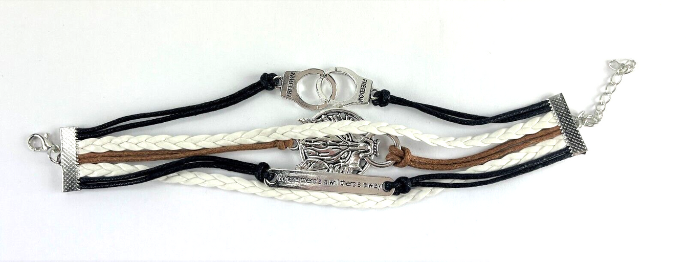 Leather Multi Charm Bracelet Freedom Handcuffs, Wolf Head Final Fantasy & Phrase