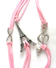 Load image into Gallery viewer, Leather Multi Charm Bracelet Paris Theme Music Note Infinity Symbol Eiffel Tower
