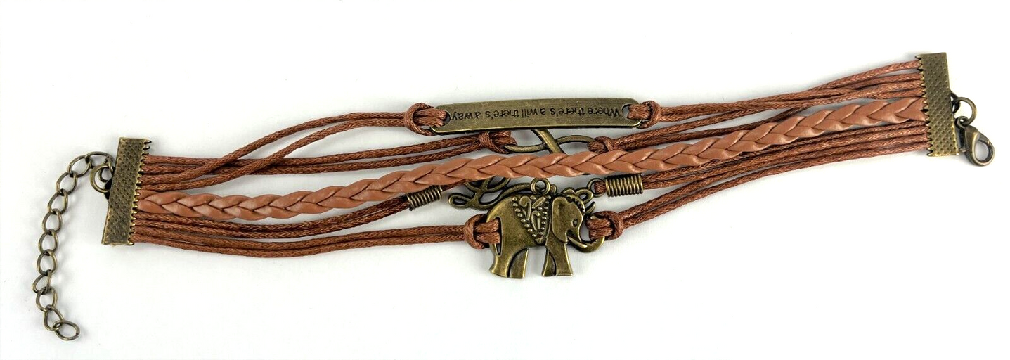 Leather Multi Charm Bracelet Elephant Love Infinity Symbol Inspirational Phrase