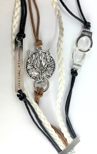Leather Multi Charm Bracelet Freedom Handcuffs, Wolf Head Final Fantasy & Phrase