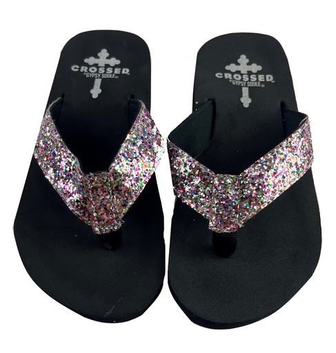 Gypsy Soule Crossed Girls Sandals, Glitter Flip-Flops, Thick Comfort Soles - New