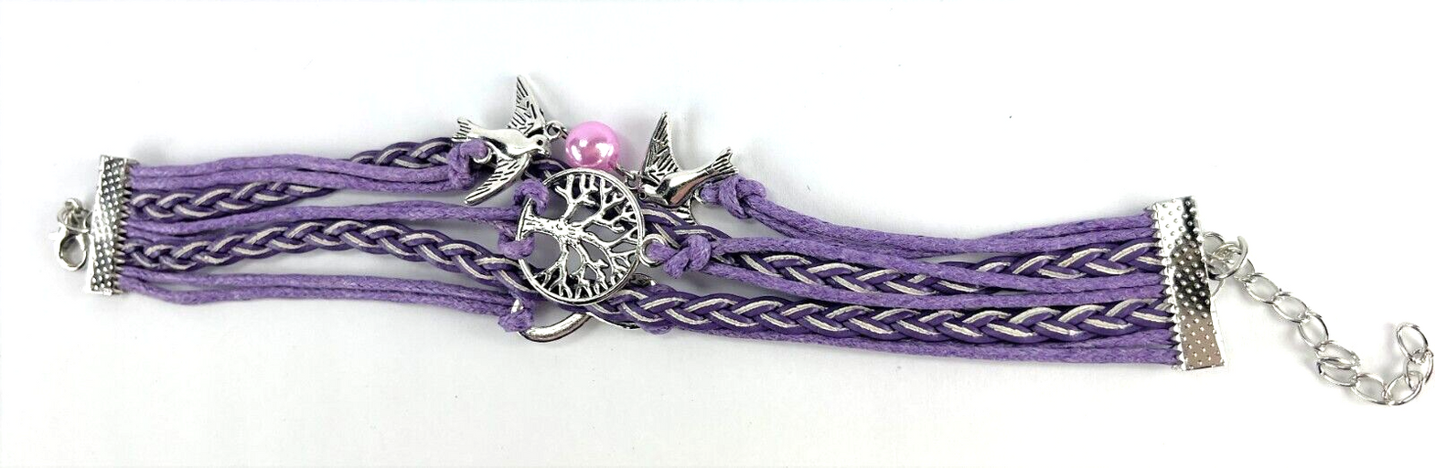 Leather Multi Charm Bracelet Infinity Symbol Birds & Pearl Tree of Life Purple