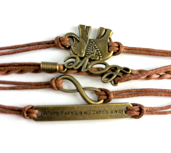 Leather Multi Charm Bracelet Elephant Love Infinity Symbol Inspirational Phrase