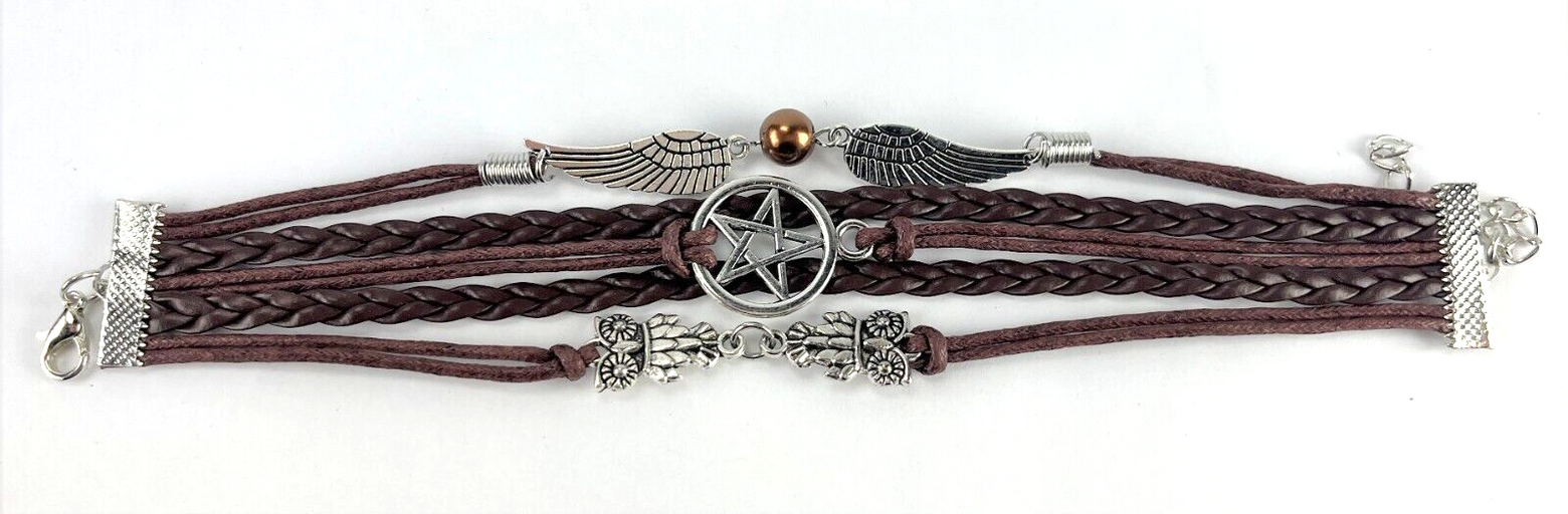 Leather Multi Charm Bracelet Five Pointed Star Owls & Angel Wings with Pearl