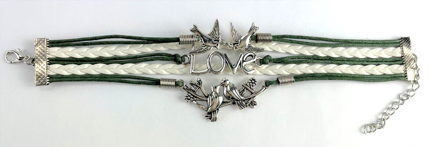 Leather Multi Charm Bracelet Love Birds Cuff Style Braided Leather Bracelet