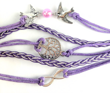 Load image into Gallery viewer, Leather Multi Charm Bracelet Infinity Symbol Birds &amp; Pearl Tree of Life Purple
