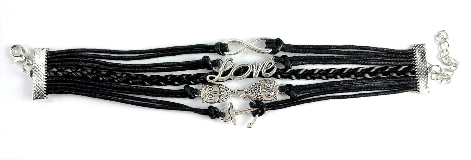 Leather Multi Charm Bracelet Love Owls Infinity Symbol Anchor Black Cuff