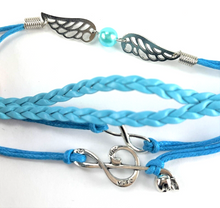 Load image into Gallery viewer, Leather Multi Charm Bracelet Music Note Angel Wings Infinity Symbol Blue Blend
