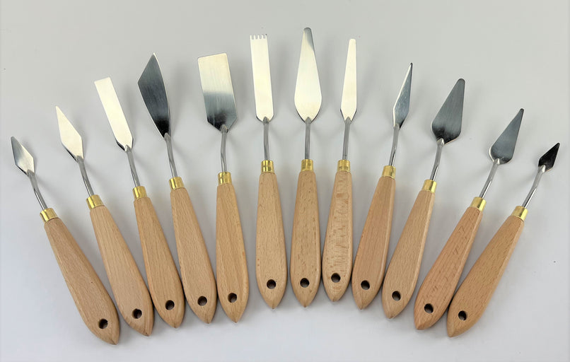 Professional 12 Piece Artist Palette Knife Set for Oil Paint, Natural Wood, New