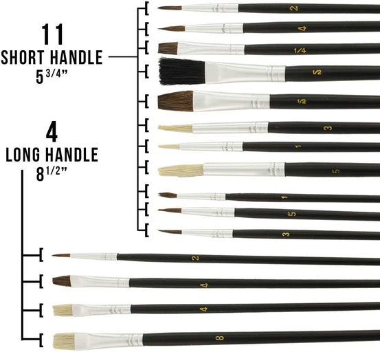 15pc Artist Paint Brush Set, all Purpose Oil, Watercolor, and Acrylic Paints