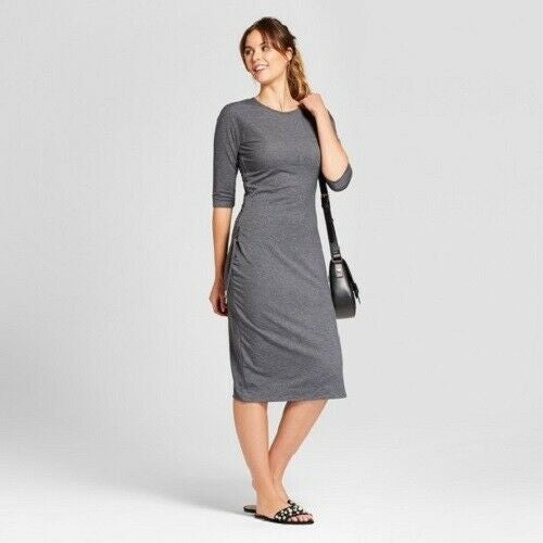 A New Day Cinched Waist Dress Heathered Gray  Cozy Jersey w/Copper Accents Small