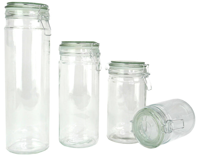 Coordinating Glass Storage Jars with Silicone Sealing Hinged Lids, 4 Sizes