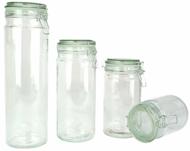 Set of 16 Glass Storage Jars with Silicone Sealing Hinged Lids, 4 Sizes