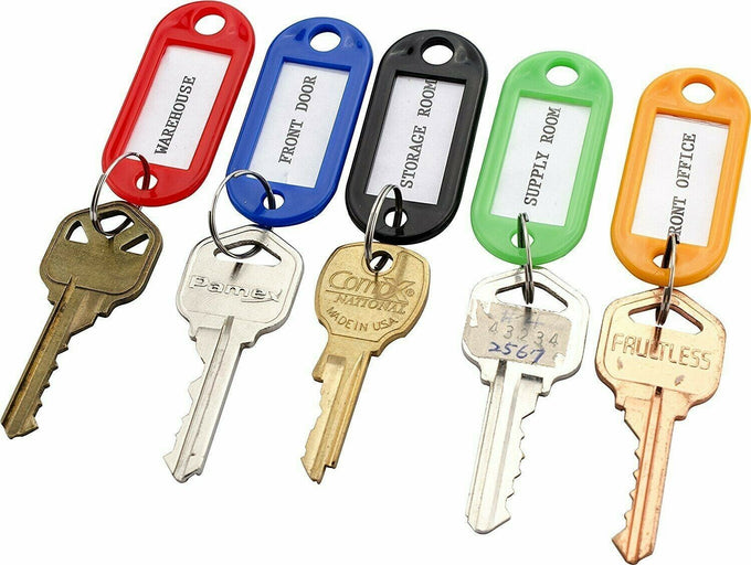 Pack of 50 Key Tags, Assorted Colors: Red, Green, Black, Blue & White - New