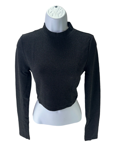 American Apparel Women's Long Sleeve Metallic Crop Turtleneck, Black, Medium