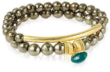 Load image into Gallery viewer, Devoted Pyrite Pave Bracelet 2 Piece Set, Gray and Gold with Green Charm Accent
